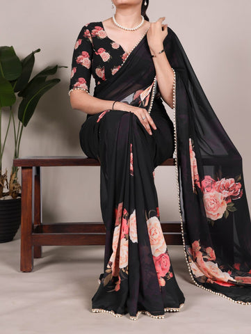 Black Floral Printed Saree with Pearl Border | Elegant Sarees UK