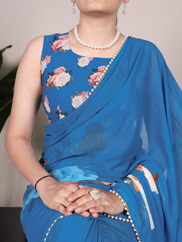Firozi Floral Printed Saree with Pearl Border | Elegant Sarees UK