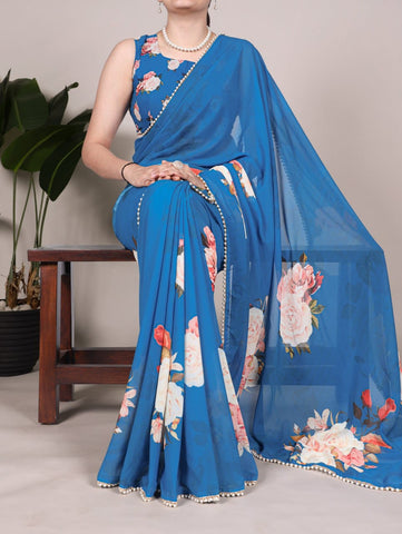 Firozi Floral Printed Saree with Pearl Border | Elegant Sarees UK