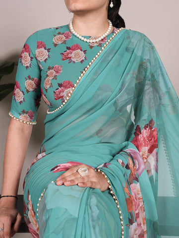 Sea Green Floral Printed Saree with Pearl Border | Elegant Sarees UK