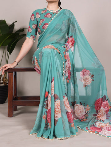 Sea Green Floral Printed Saree with Pearl Border | Elegant Sarees UK
