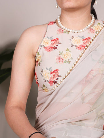 Ivory Floral Printed Saree with Pearl Border | Elegant Sarees UK