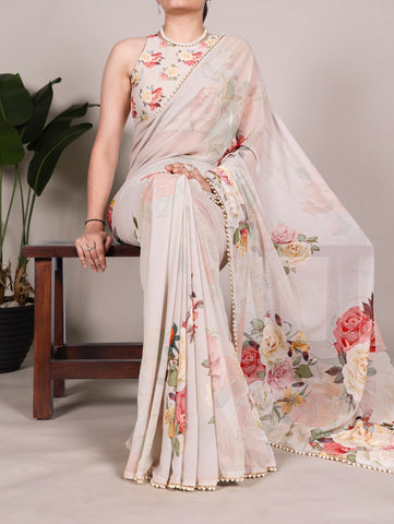 Ivory Floral Printed Saree with Pearl Border | Elegant Sarees UK