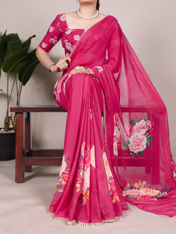 Pink Floral Printed Saree with Pearl Border | Elegant Sarees UK