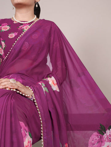 Purple Floral Printed Saree with Pearl Border | Elegant Sarees UK