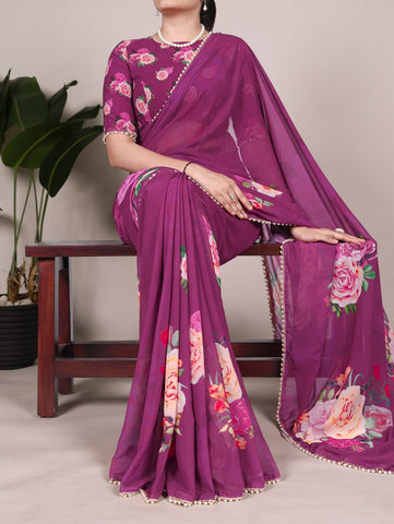 Purple Floral Printed Saree with Pearl Border | Elegant Sarees UK