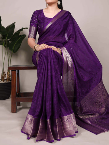 Purple Luxury Silk Blend Sarees with Woven Border | Elegant Indian Sarees UK