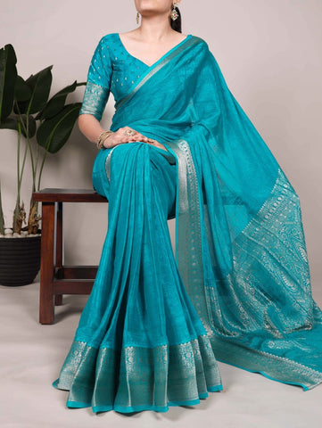 Firozi Luxury Silk Blend Sarees with Woven Border | Elegant Indian Sarees UK