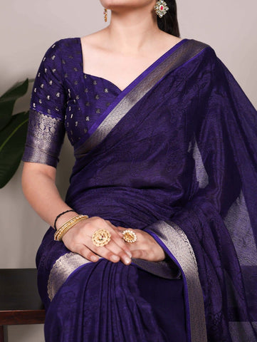 Royal Blue Luxury Silk Blend Sarees with Woven Border | Elegant Indian Sarees UK