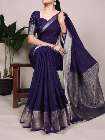 Royal Blue Luxury Silk Blend Sarees with Woven Border | Elegant Indian Sarees UK