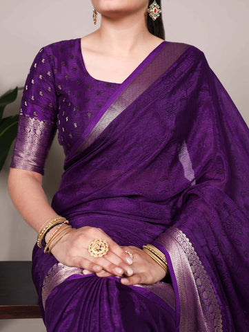 Purple Luxury Silk Blend Sarees with Woven Border | Elegant Indian Sarees UK