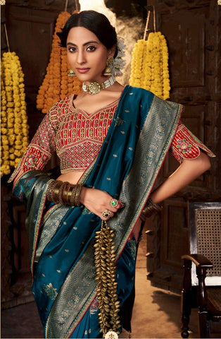 Luxury Peacock Blue Silk Saree with Gold Zari Border | Traditional Indian Saree UK