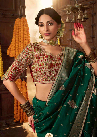 Luxury Green Silk Saree with Gold Zari Border | Traditional Indian Saree UK