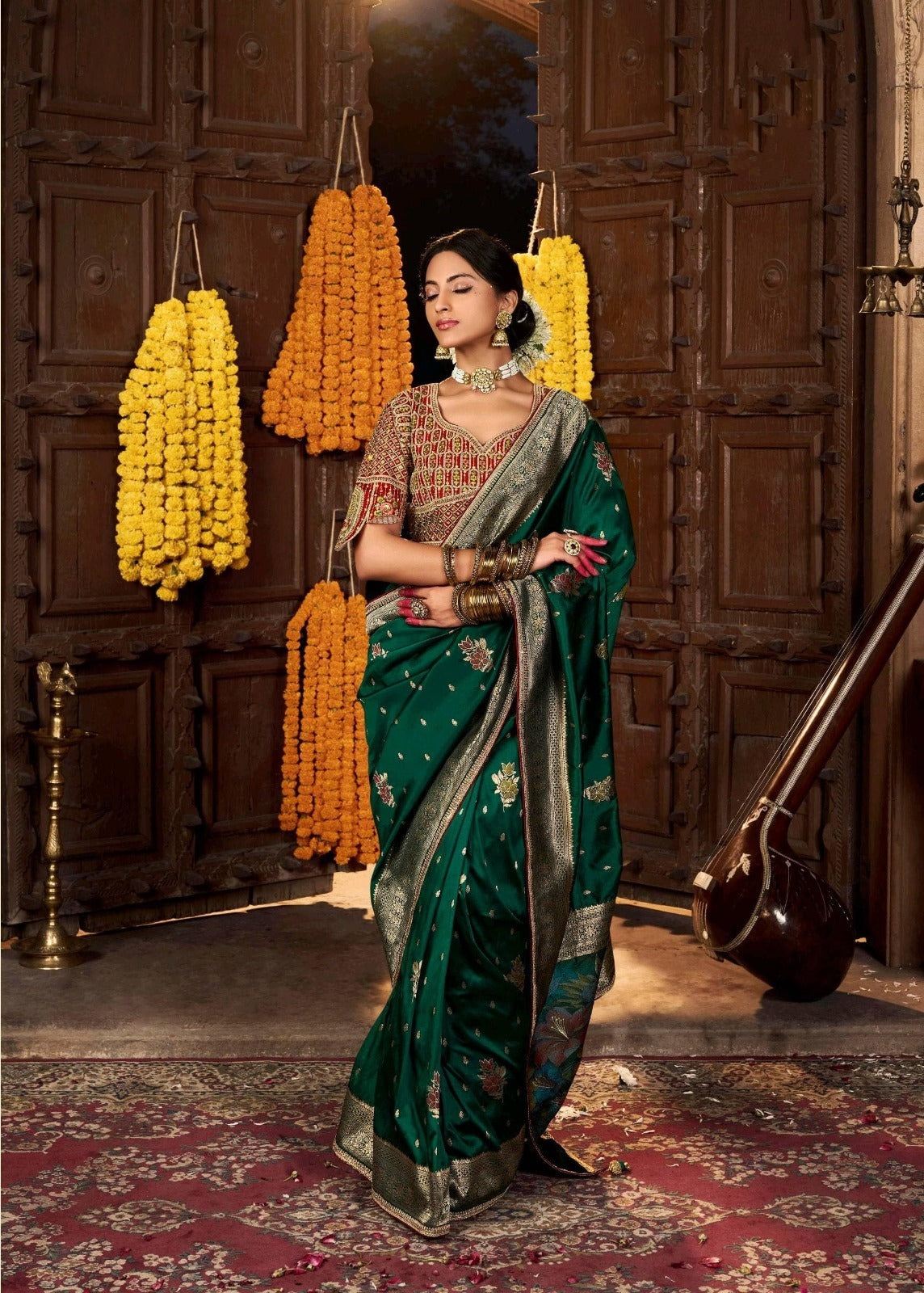 Luxury Green Silk Saree with Gold Zari Border | Traditional Indian Saree UK