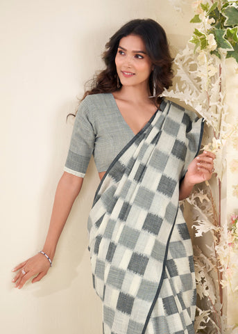 Ivory Checked Cotton Saree for Women | Lightweight Everyday Indian Saree UK