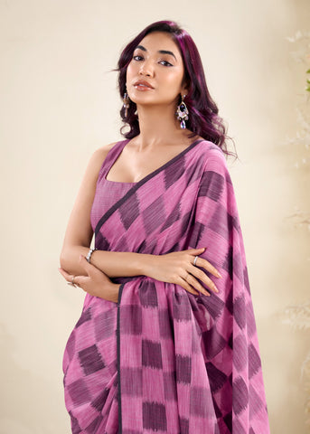 Pink Checked Cotton Saree for Women | Lightweight Everyday Indian Saree UK
