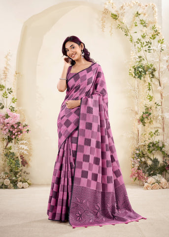 Pink Checked Cotton Saree for Women | Lightweight Everyday Indian Saree UK