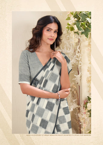 Ivory Checked Cotton Saree for Women | Lightweight Everyday Indian Saree UK