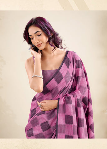 Pink Checked Cotton Saree for Women | Lightweight Everyday Indian Saree UK