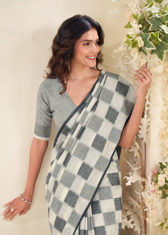 Ivory Checked Cotton Saree for Women | Lightweight Everyday Indian Saree UK