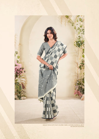 Ivory Checked Cotton Saree for Women | Lightweight Everyday Indian Saree UK