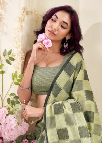 Green Checked Cotton Saree for Women | Lightweight Everyday Indian Saree UK