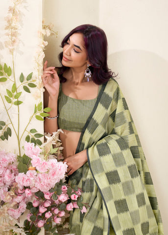 Green Checked Cotton Saree for Women | Lightweight Everyday Indian Saree UK