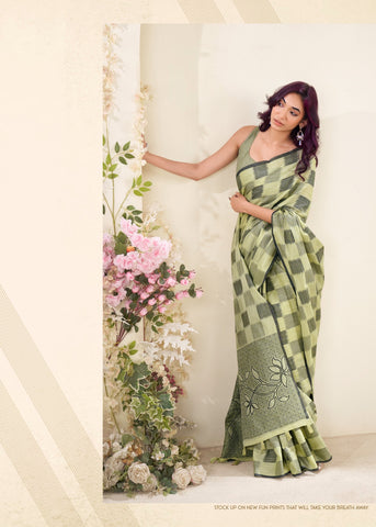 Green Checked Cotton Saree for Women | Lightweight Everyday Indian Saree UK