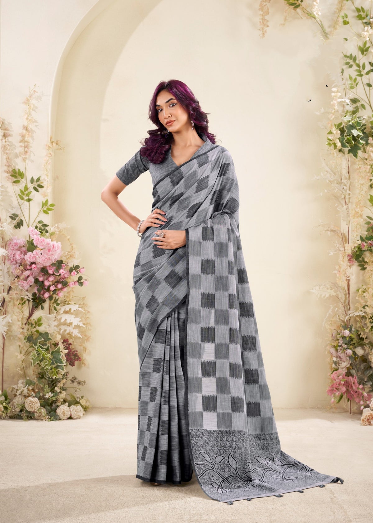 Grey Checked Cotton Saree for Women | Lightweight Everyday Indian Saree UK