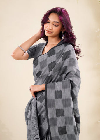 Grey Checked Cotton Saree for Women | Lightweight Everyday Indian Saree UK