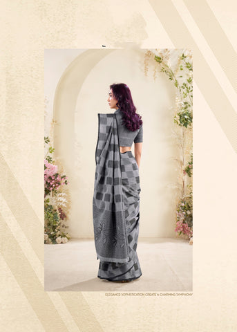 Grey Checked Cotton Saree for Women | Lightweight Everyday Indian Saree UK