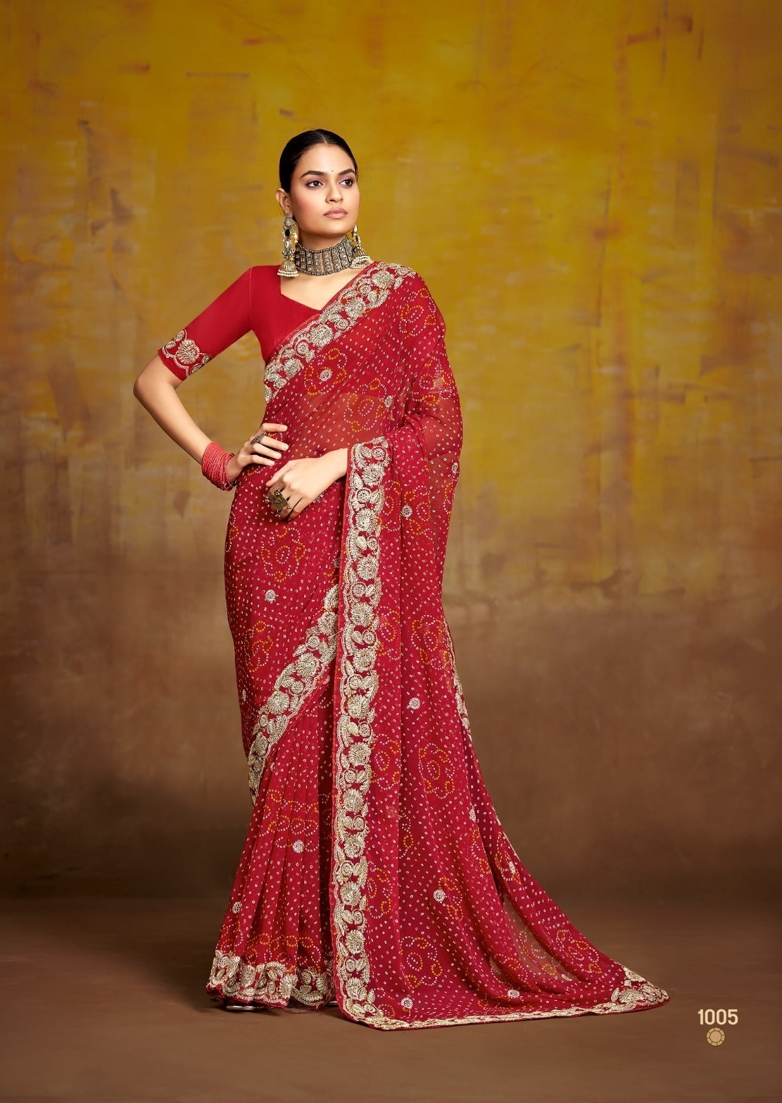 Red Embroidered Saree with Gold Border | Wedding & Festive Saree UK