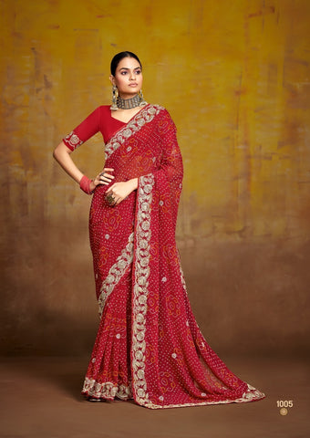Red Embroidered Saree with Gold Border | Wedding & Festive Saree UK