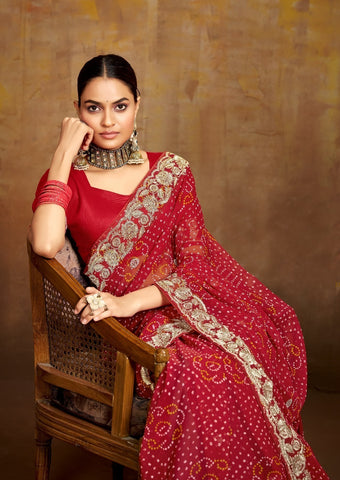 Red Embroidered Saree with Gold Border | Wedding & Festive Saree UK