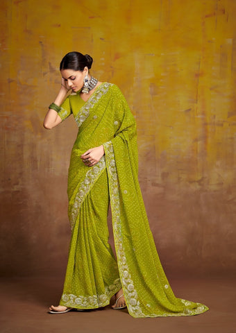 Olive Green Embroidered Saree with Gold Border | Wedding & Festive Saree UK