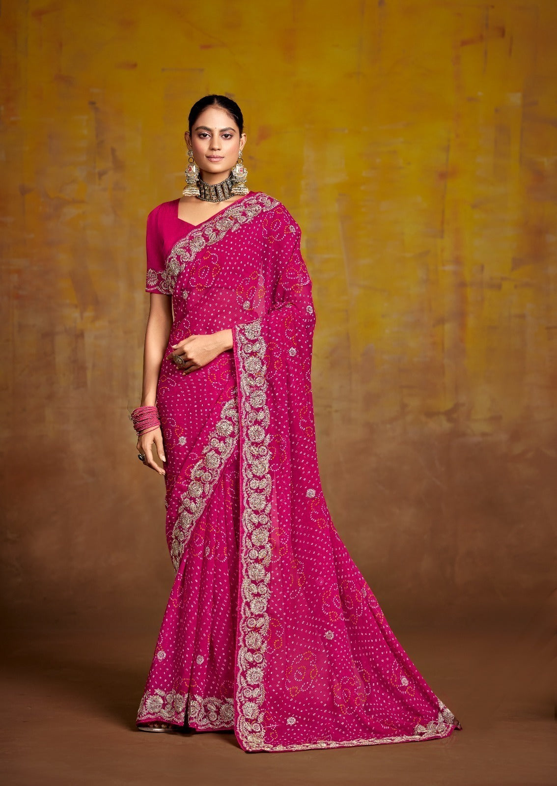 Pink Embroidered Saree with Gold Border | Wedding & Festive Saree UK