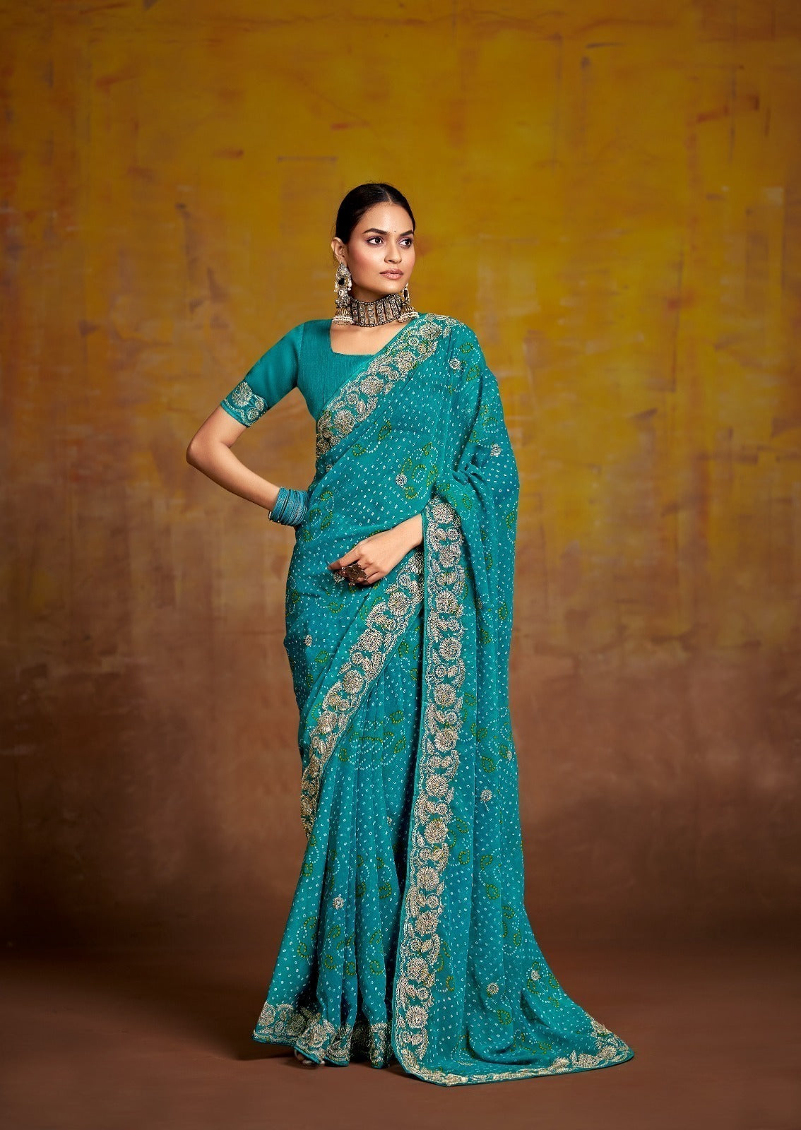 Firozi Embroidered Saree with Gold Border | Wedding & Festive Saree UK