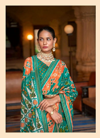 Green and Orange Traditional Saree with Printed Design | Indian Ethnic Wear UK
