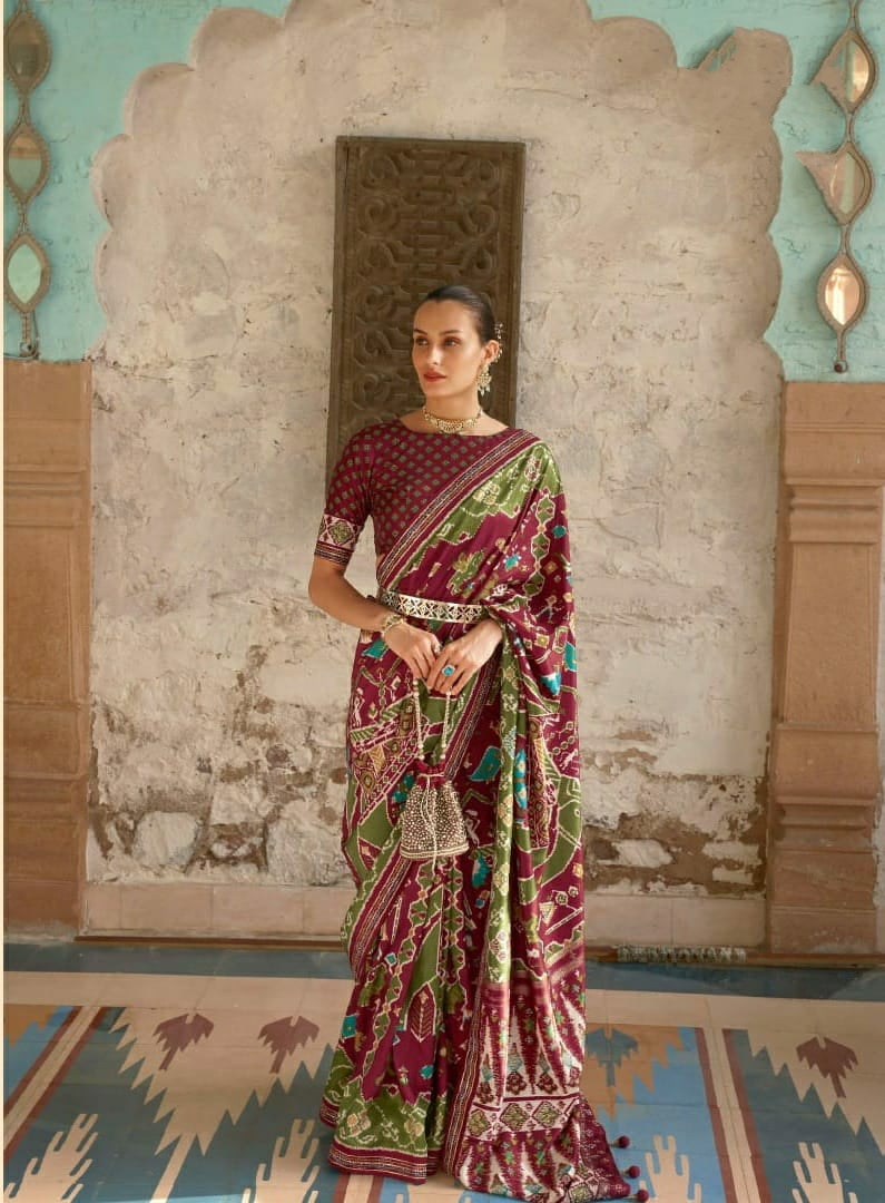 Olive Green Traditional Saree with Printed Design | Indian Ethnic Wear UK