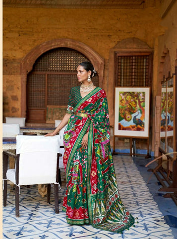 Green Multicolour Traditional Saree with Printed Design | Indian Ethnic Wear UK