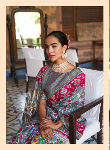 Grey Multicolour Traditional Saree with Printed Design | Indian Ethnic Wear UK