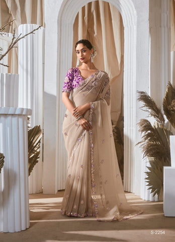 Beige Luxury Embroidered Saree | Designer Indian Saree Online UK