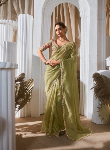 Pista Green Luxury Embroidered Saree | Designer Indian Saree Online UK