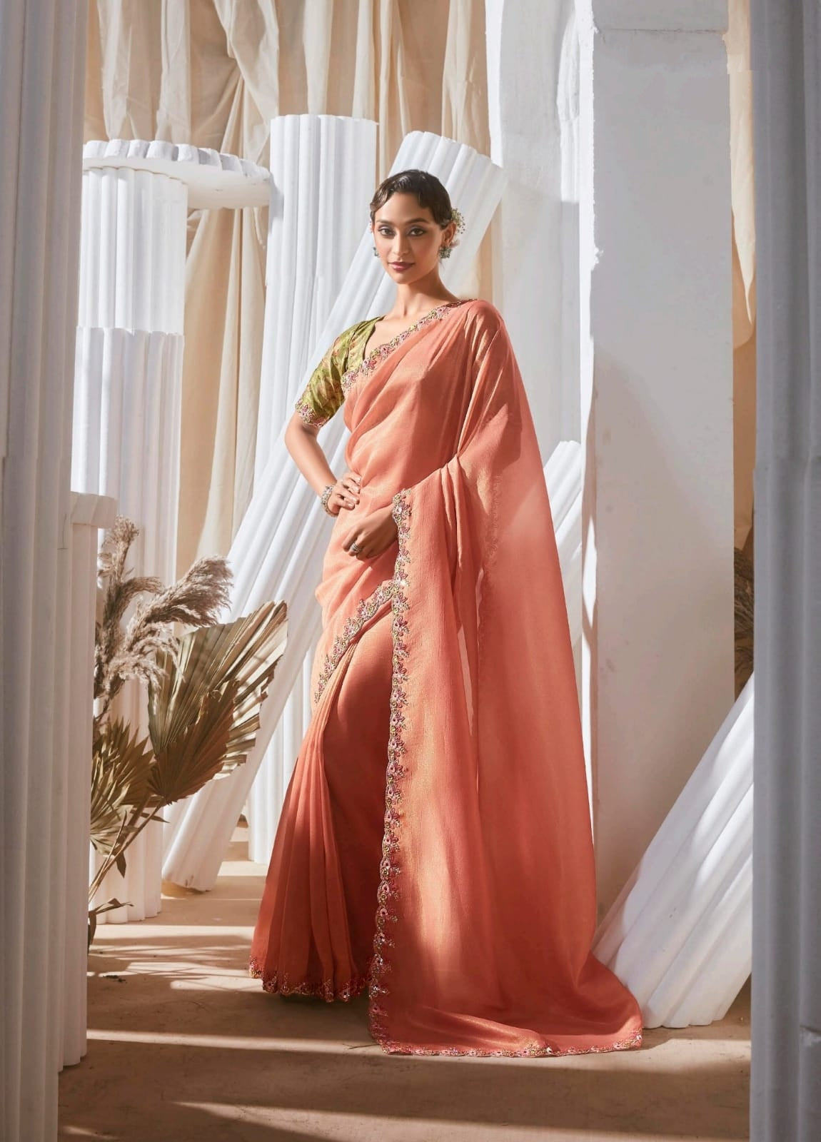 Peach Luxury Embroidered Saree | Designer Indian Saree Online UK