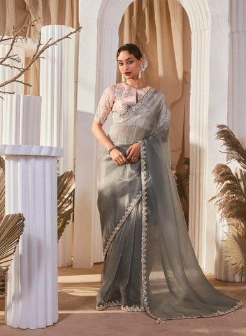 Grey Luxury Embroidered Saree | Designer Indian Saree Online UK