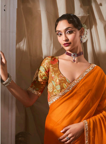 Mustard Luxury Embroidered Saree | Designer Indian Saree Online UK