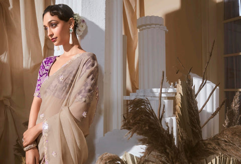 Beige Luxury Embroidered Saree | Designer Indian Saree Online UK