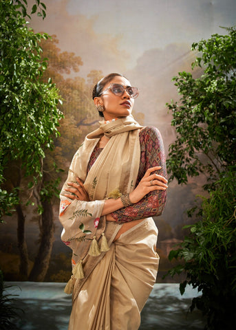 Beige Luxury Floral Woven Saree Collection | Designer Indian Sarees Online UK