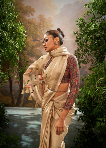 Beige Luxury Floral Woven Saree Collection | Designer Indian Sarees Online UK
