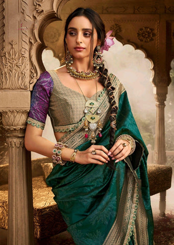 Luxury Green Silk Saree with Embroidered Border for Weddings UK